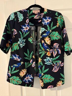 Philosophy Floral and Bird Print Tropical Hawaiian Open Jacket Short Sleeve Lg